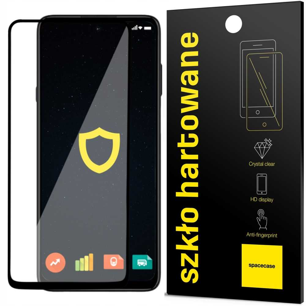 Telefon z ochraniaczem ekranu i czarny pakiet z żółtym tekstem.