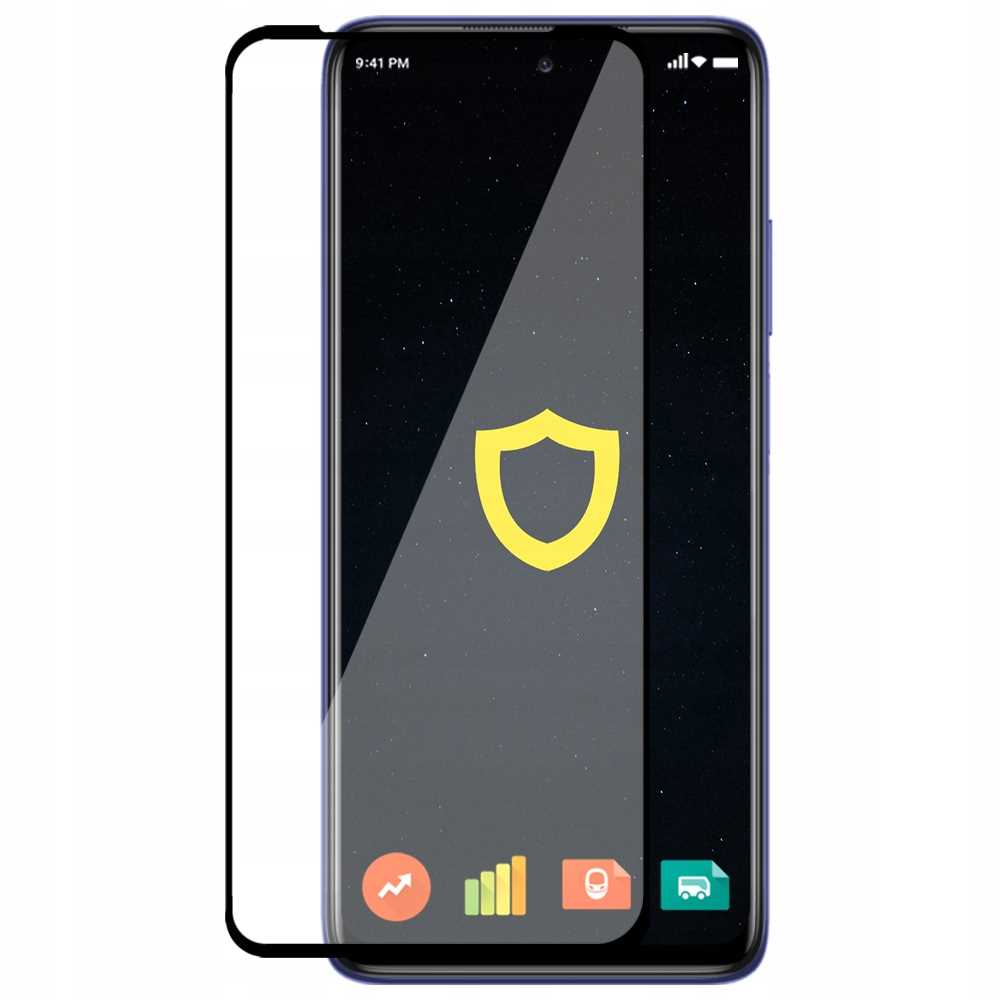 Telefon z ochraniaczem ekranu. Ekran wyświetla żółtą ikonę tarczy i ikony aplikacji na ciemnym tle.