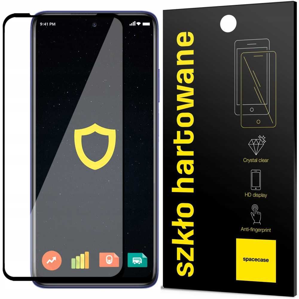 Telefon z ochraniaczem ekranu i czarny pakiet z żółtym tekstem.