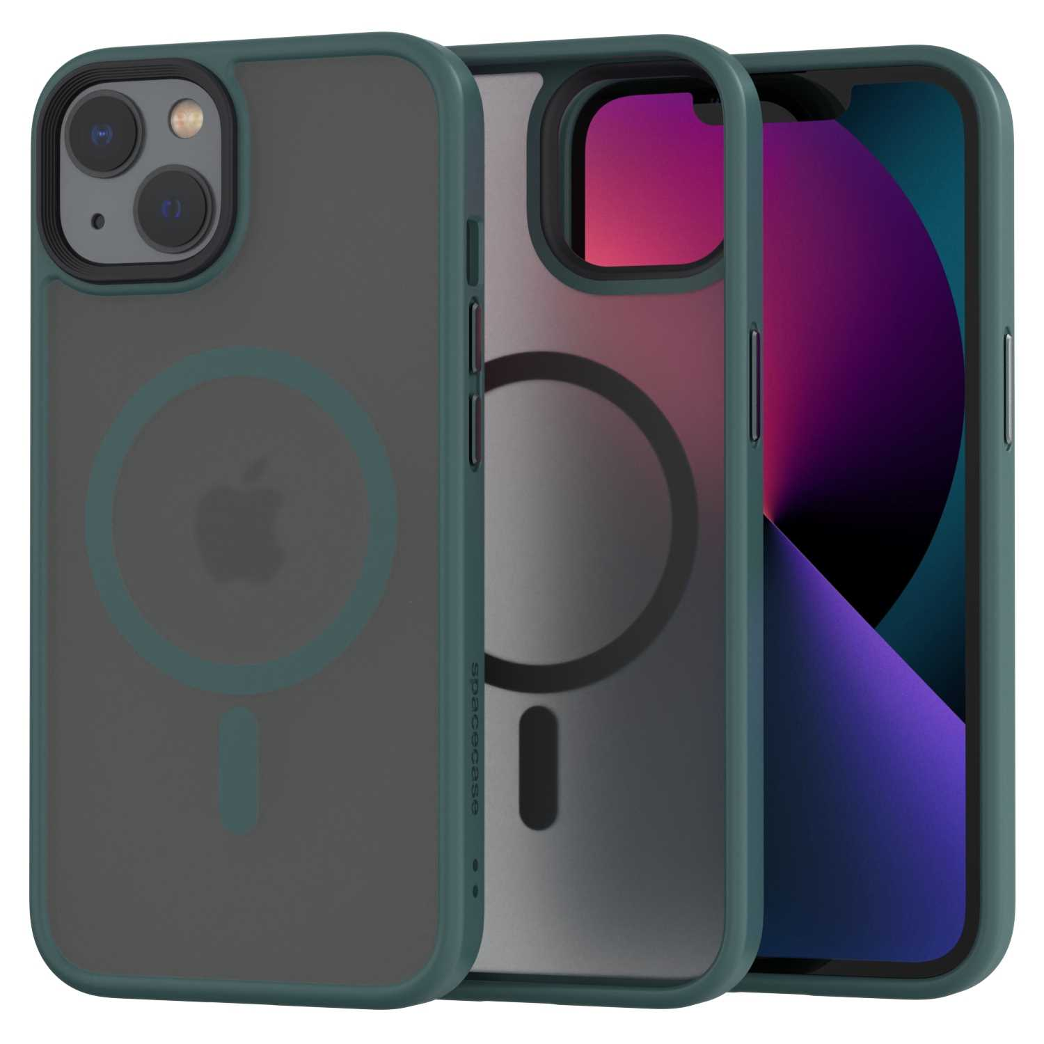 Trzy etui na telefony, zielone z szarym tyłem, jedno z logo Apple i etui z telefonem w środku.