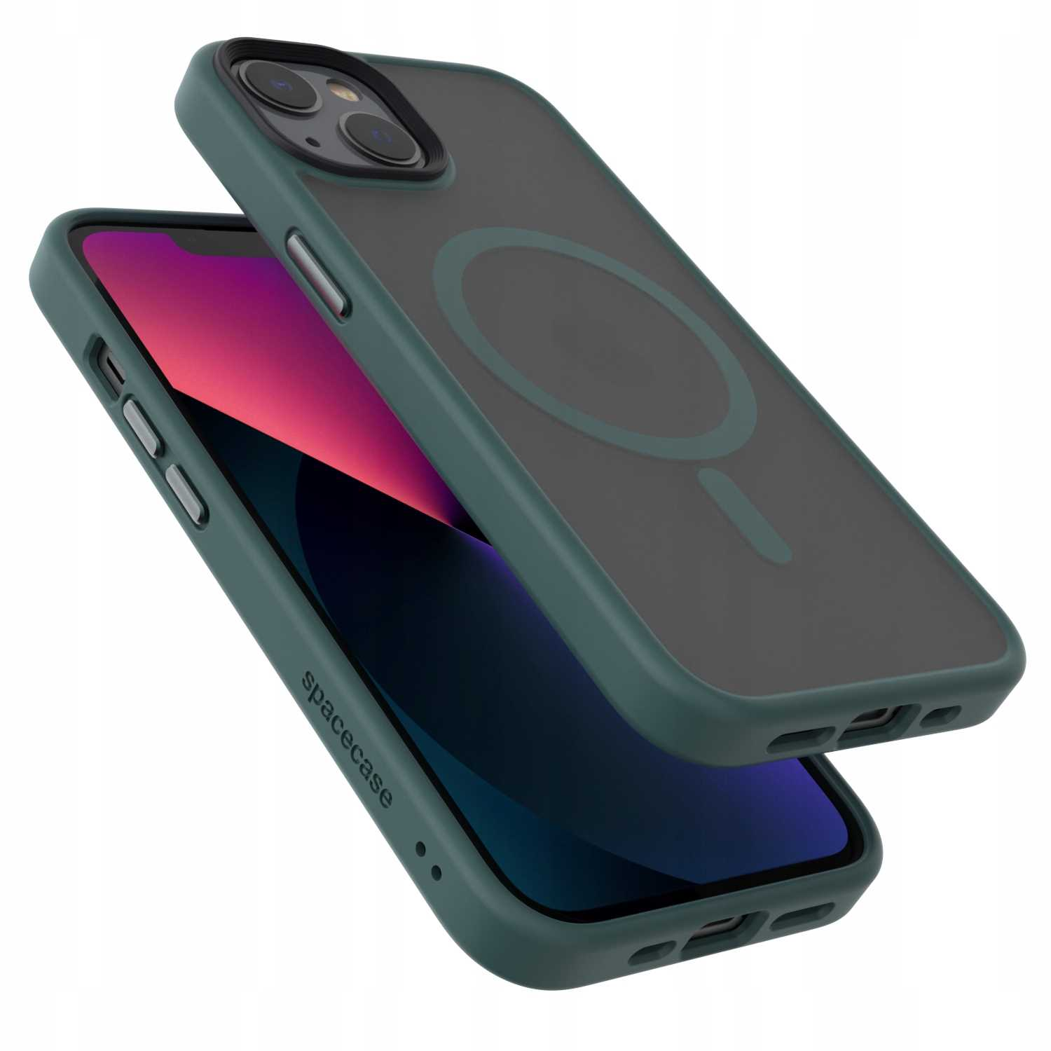 Dwa zielone etui na telefon, jedno z telefonem w środku. Etui mają ciemnoszare plecy i są pod kątem.