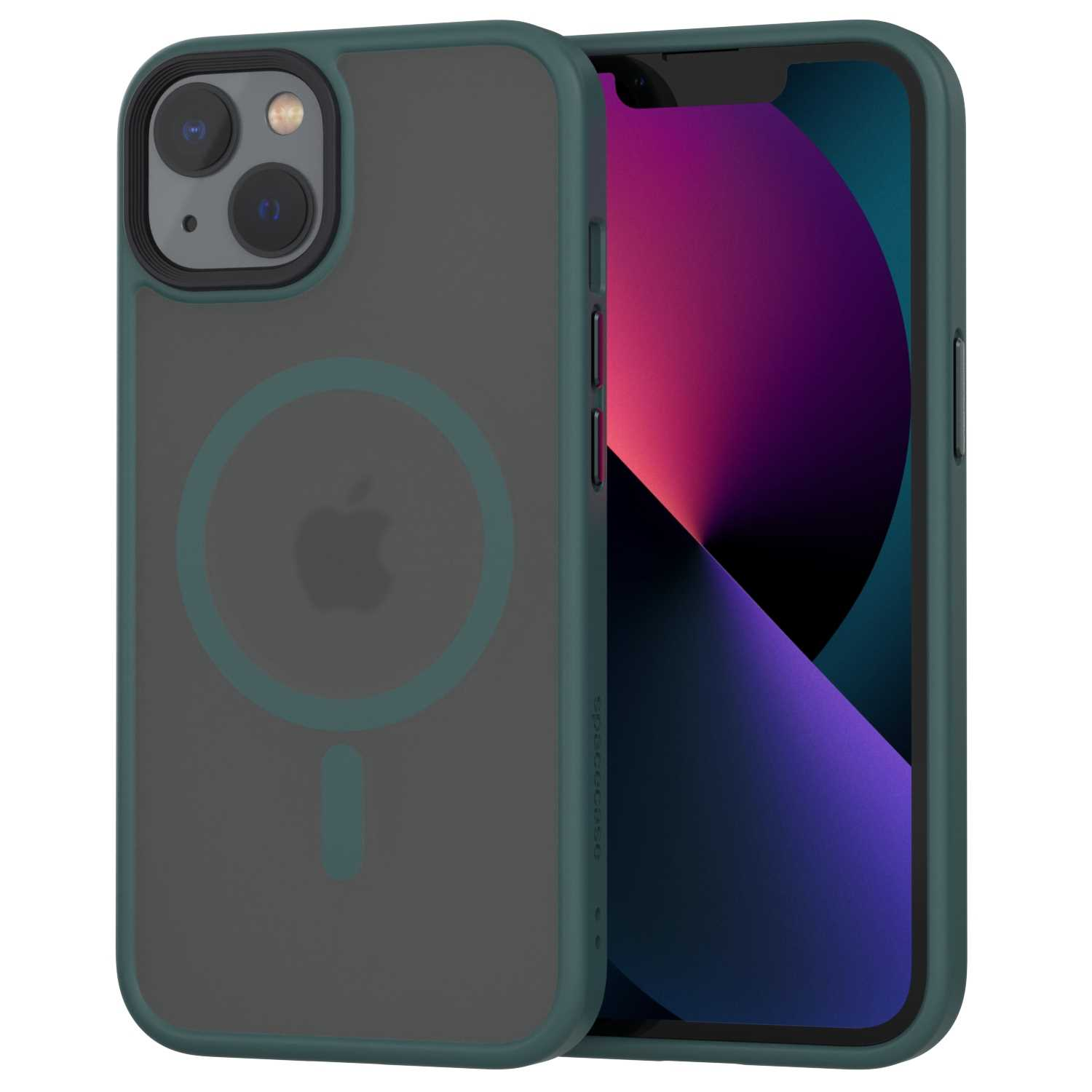 Etui na telefon, zielone z szarym tyłem, i telefon w środku. Logo Apple jest widoczne.