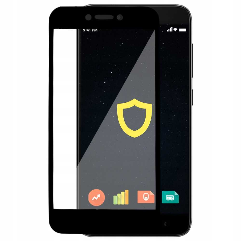 Czarny smartfon z ochroną ekranu. Na ekranie wyświetla się ikona tarczy i godzina.