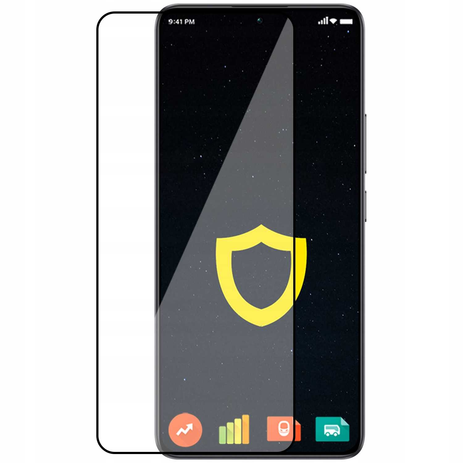 Smartfon z ochraniaczem ekranu na ekranie obok opakowania ochronnego.