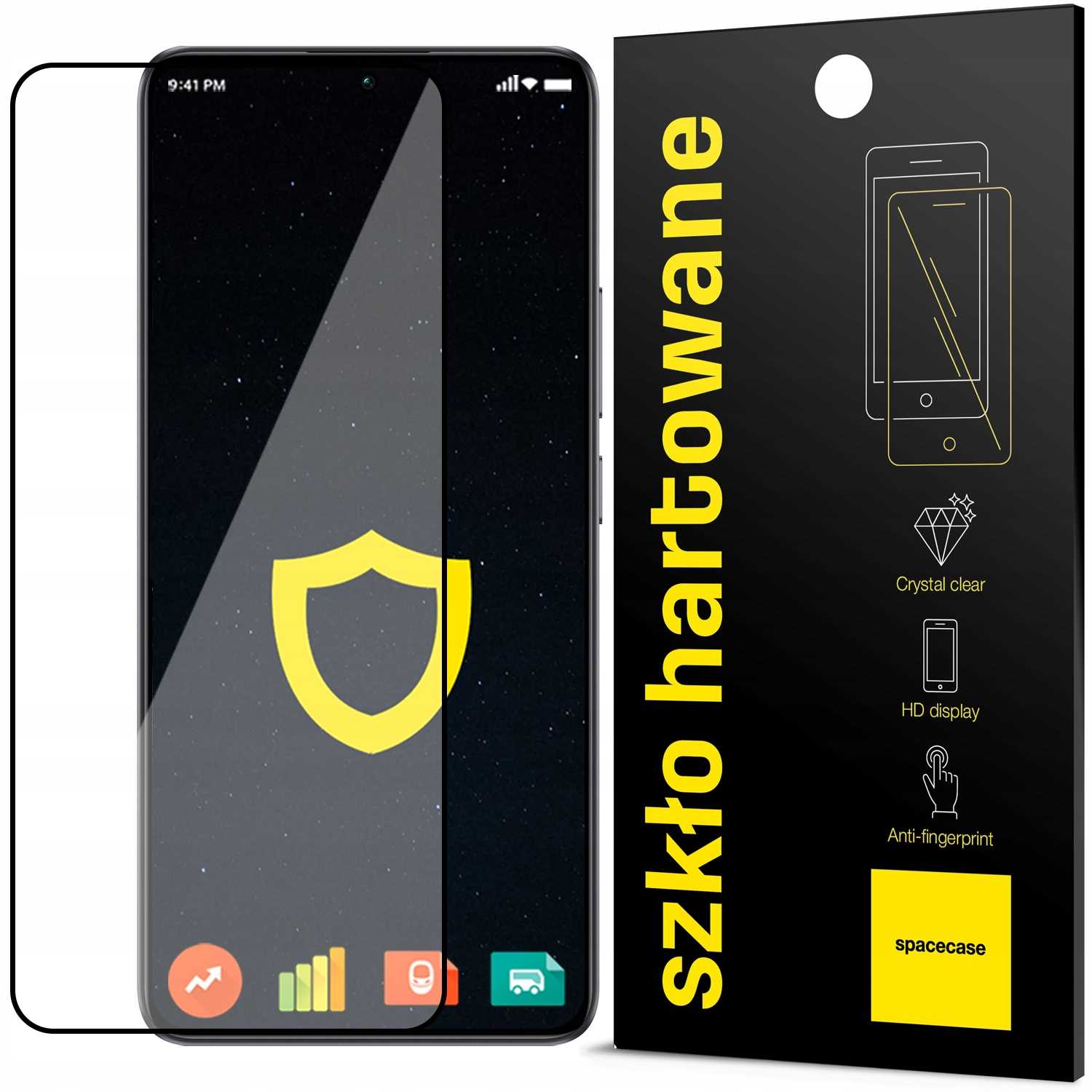 Smartfon z ochroną ekranu pokazującą ikonę tarczy, obok czarnego opakowania z żółtym tekstem.