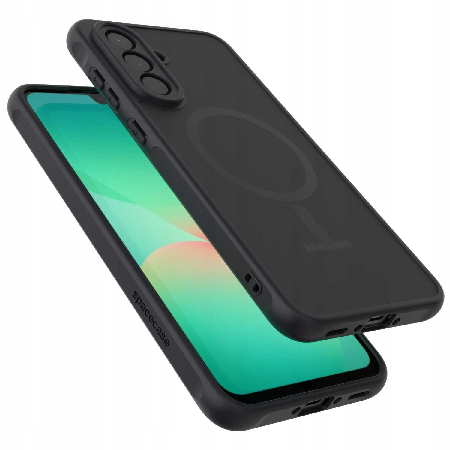 Dwa czarne etui na telefon, jedno z telefonem w środku. Widoczne logo Spacecase.