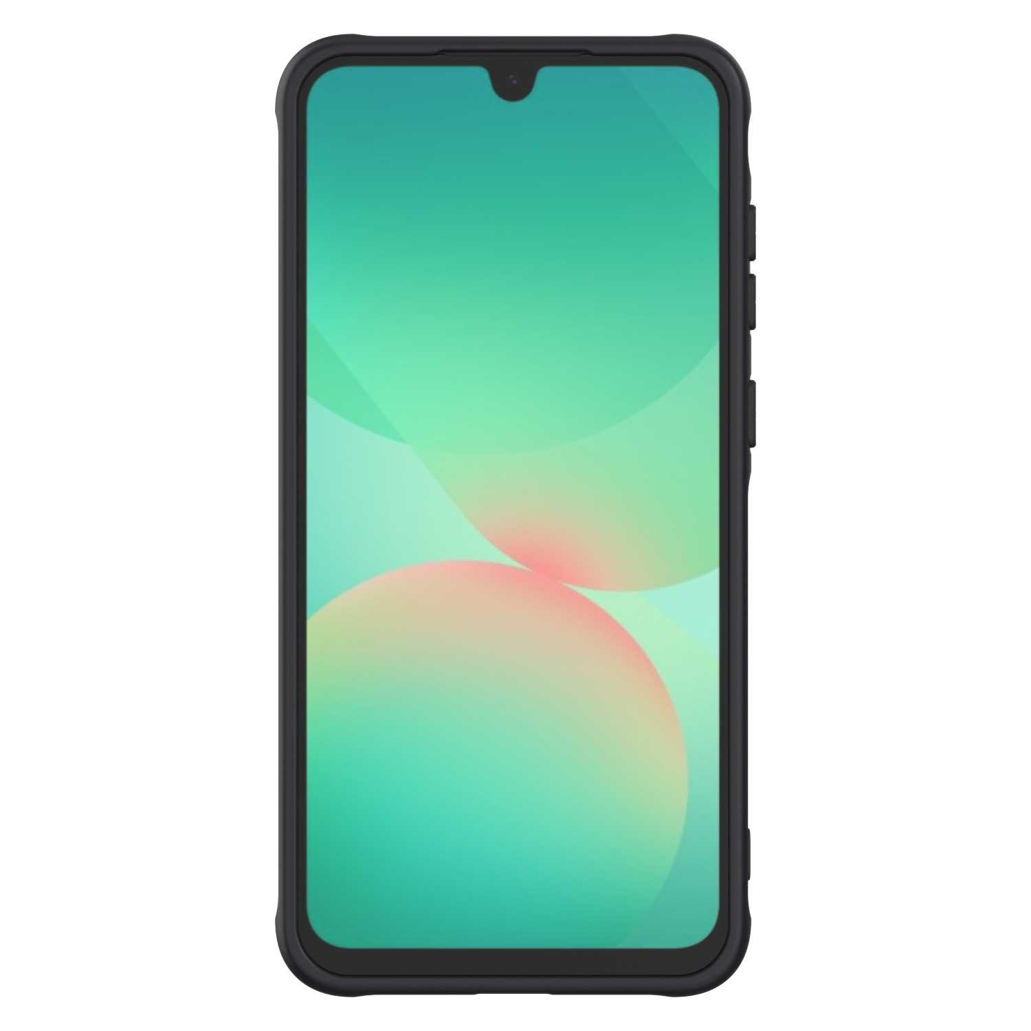 Czarny telefon z zielono-różowym gradientem na ekranie, w czarnym etui.
