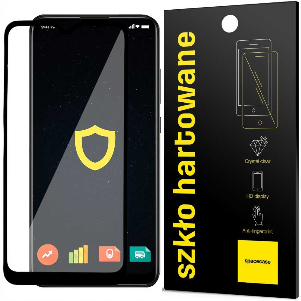 Telefon z ochroną ekranu i czarnym opakowaniem z tekstem, ikonami. Gwiezdne tło.