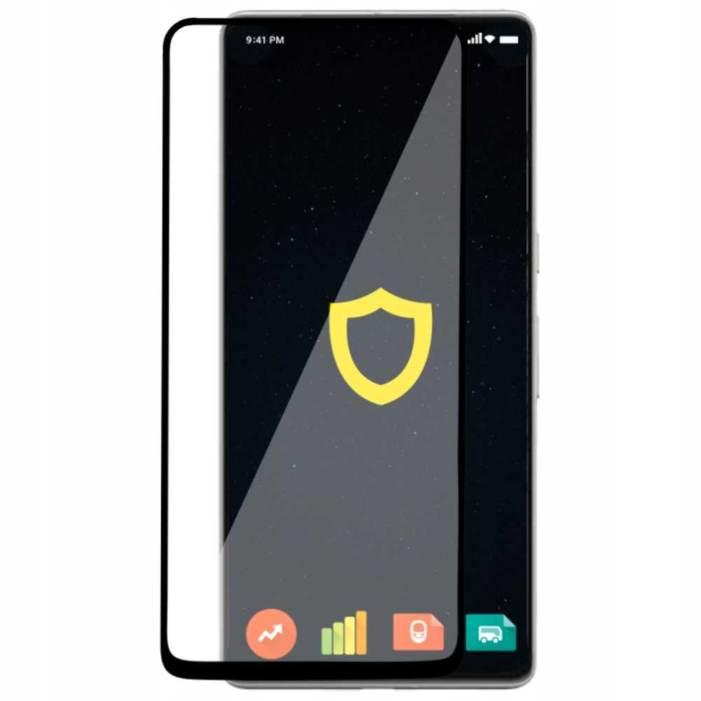 Telefon z ochroną ekranu. Na ekranie żółta tarcza. Ciemne tło.