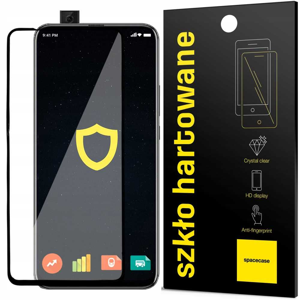 Telefon z ochraniaczem ekranu, czarne pudełko z obrysem telefonu i żółtą ikoną tarczy na ekranie.