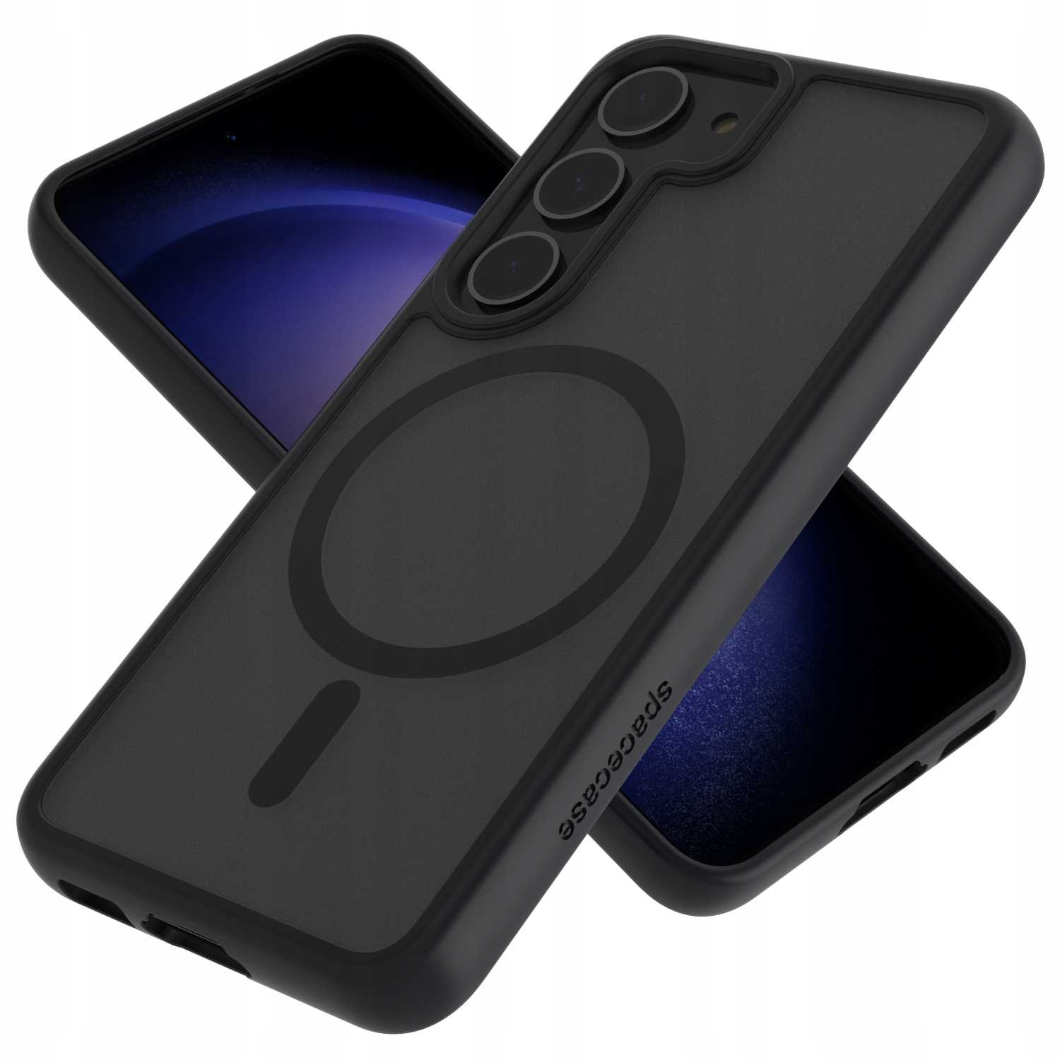 Czarne etui na telefon z przezroczystym tyłem i czarnym okręgiem na ładowarkę. Czarny telefon w środku.