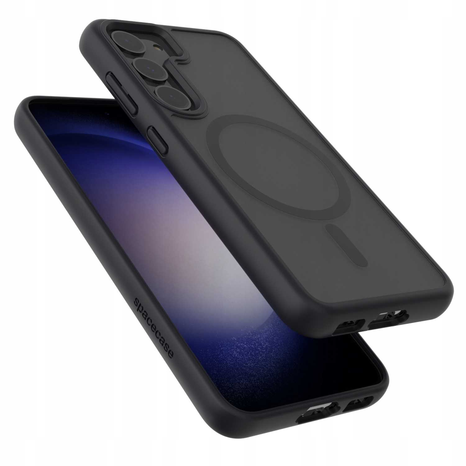 Dwa czarne etui na telefon pod kątem. Jedno pokazuje tył z czarnym okręgiem ładowarki, drugie ekran telefonu.