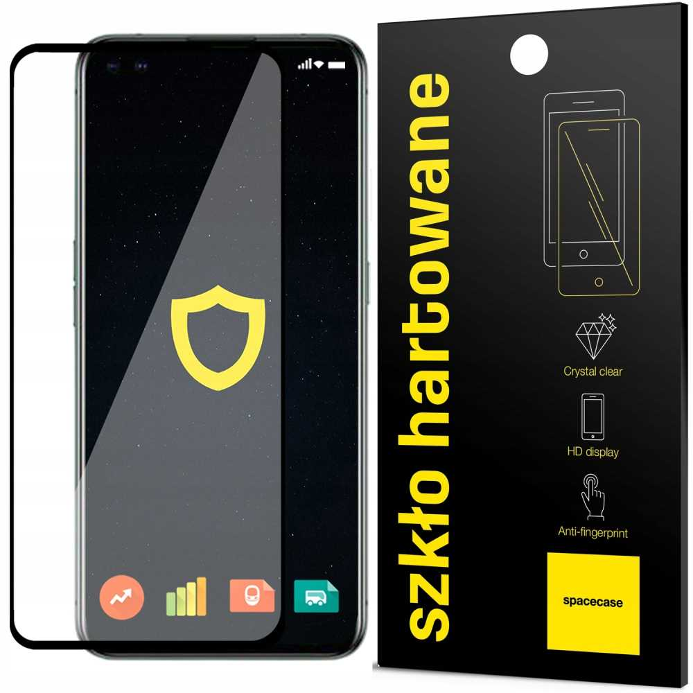 Telefon z ochraniaczem ekranu. Wyświetla ikonę tarczy. Opakowanie czarno-żółte.