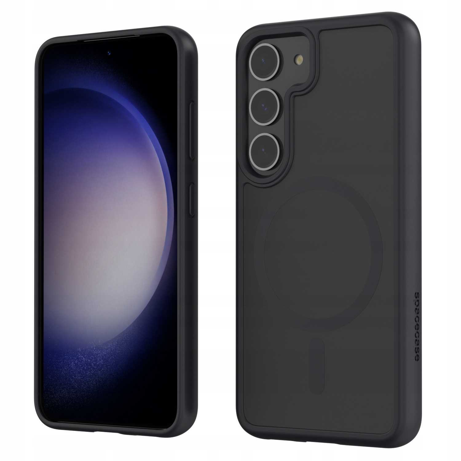 Dwa czarne etui na telefon, każde z czarnym telefonem. Etui ma czarny okrąg i logo Spacecase.