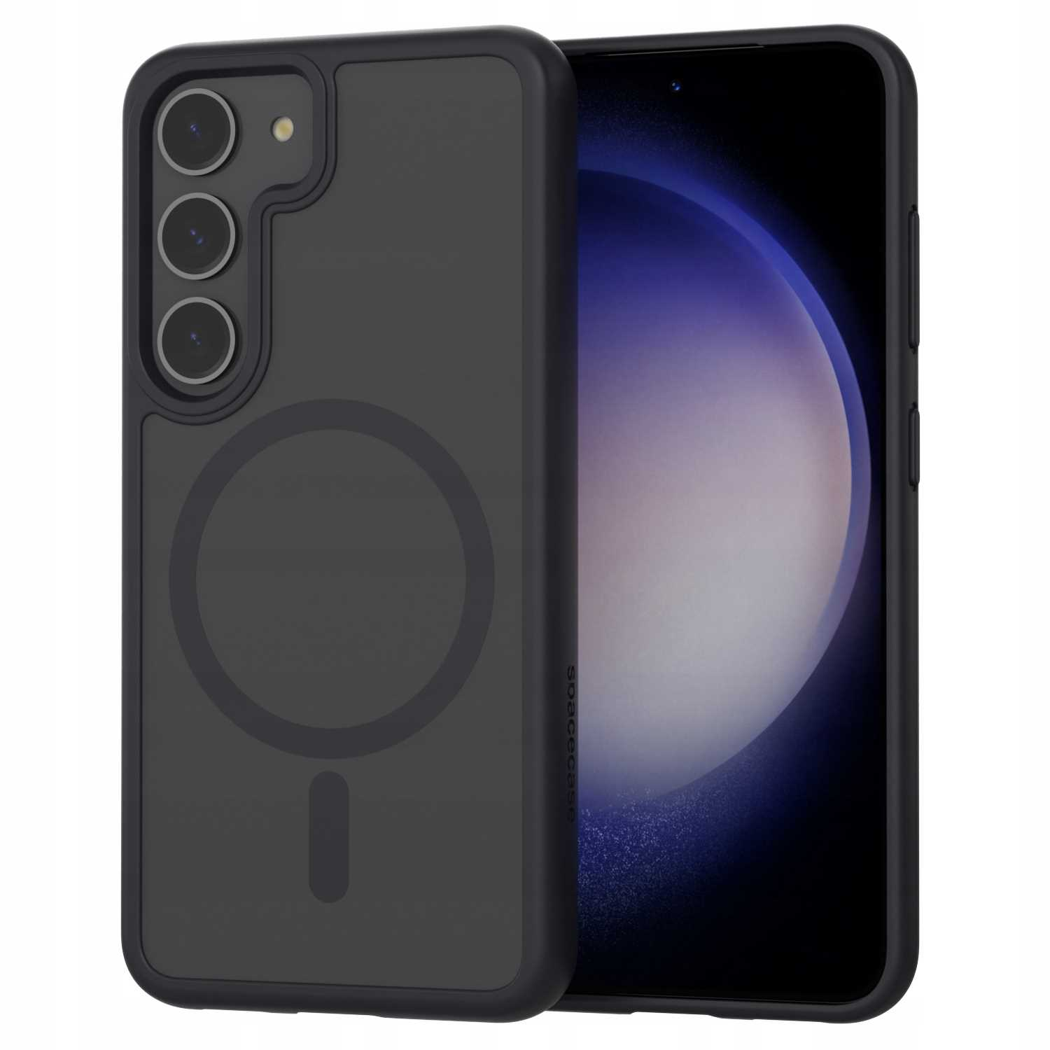 Czarne etui na telefon z czarnym telefonem w środku. Etui ma czarny okrąg i przezroczysty tył.