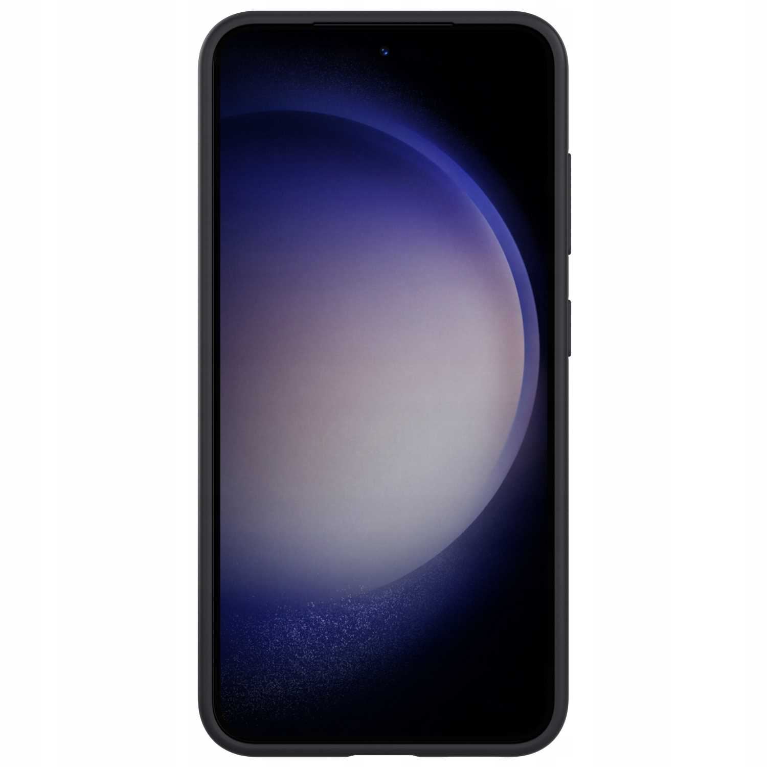 Smartfon w czarnym etui. Ekran wyświetla abstrakcyjny obraz w kolorze niebiesko-białym.