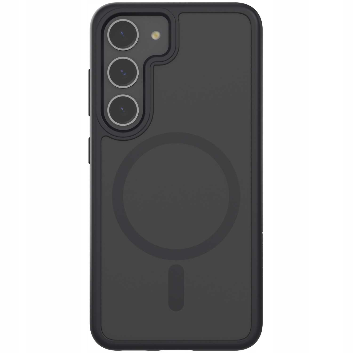 Czarne etui na telefon z trzema wycięciami na aparat i okrągłym wycięciem. Magnes w środku.