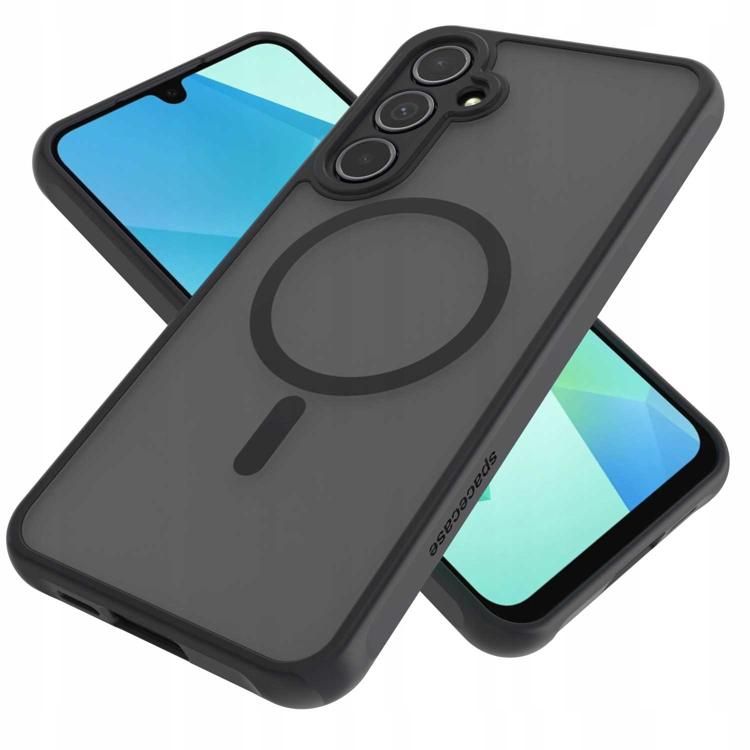 Czarny futerał na telefon z pierścieniem magnetycznym. Dwa telefony w tle. Etui są szare.