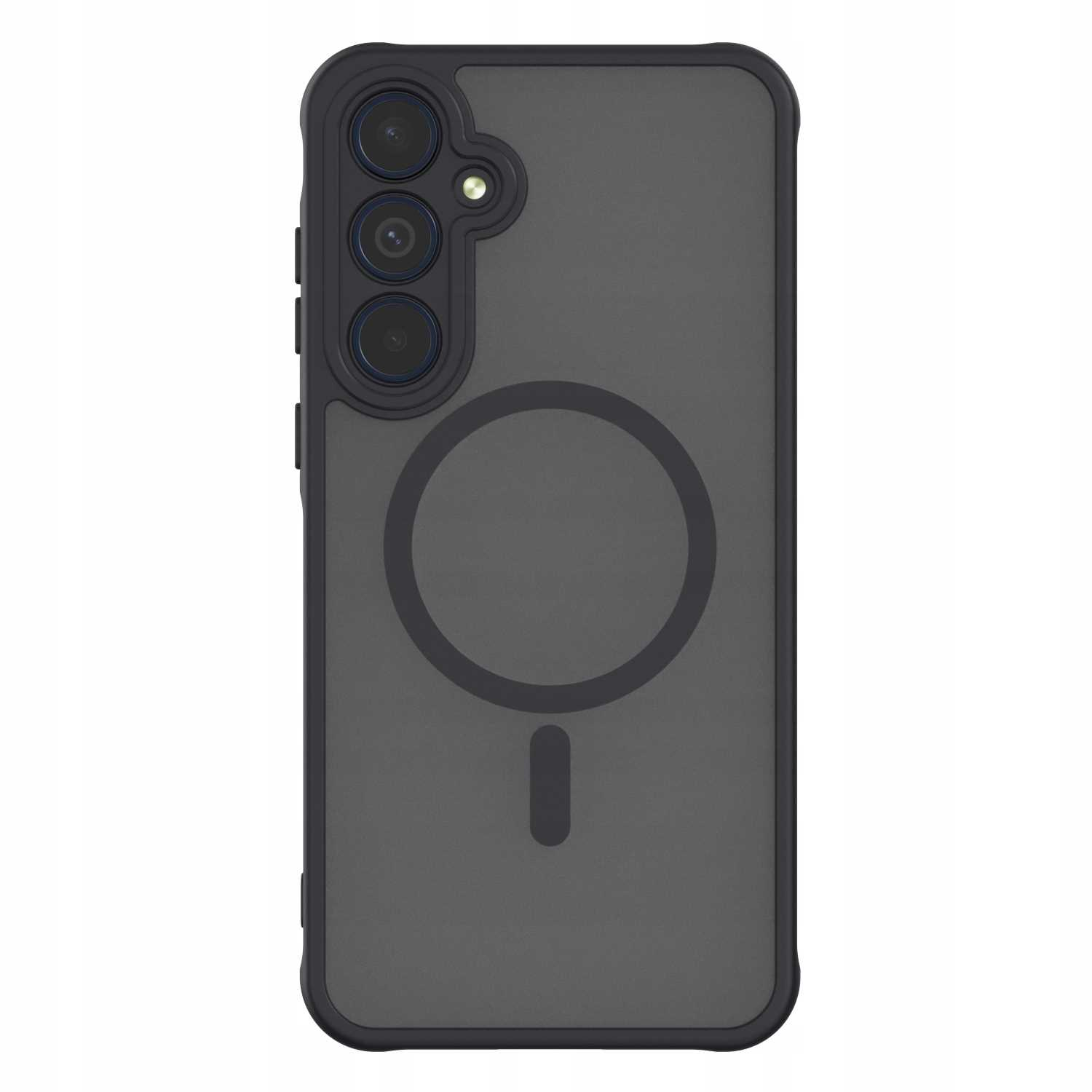 Szare etui na telefon z pierścieniem magnetycznym. Etui ma czarną ramkę i trzy obiektywy.
