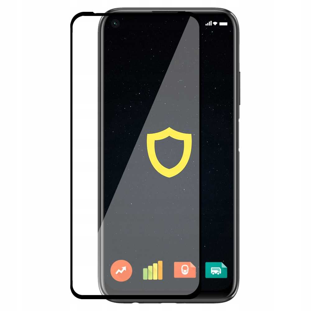 Ochraniacz ekranu na czarnym telefonie. Żółte logo tarczy jest widoczne na ekranie.