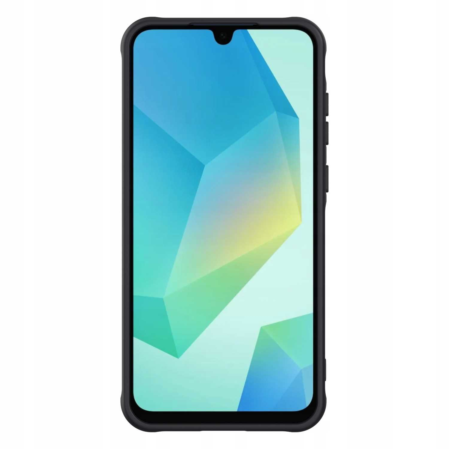 Czarny telefon w etui. Telefon ma niebiesko-biały ekran. Etui jest czarne.