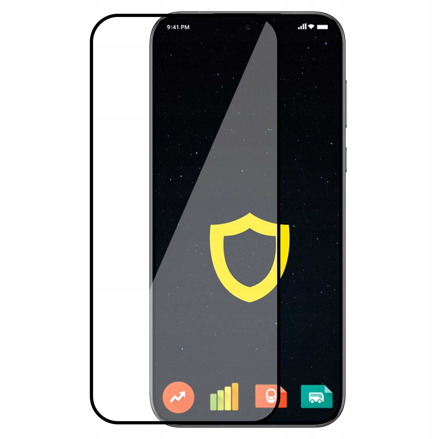 Telefon z ochroną ekranu. Ekran wyświetla ikonę tarczy.