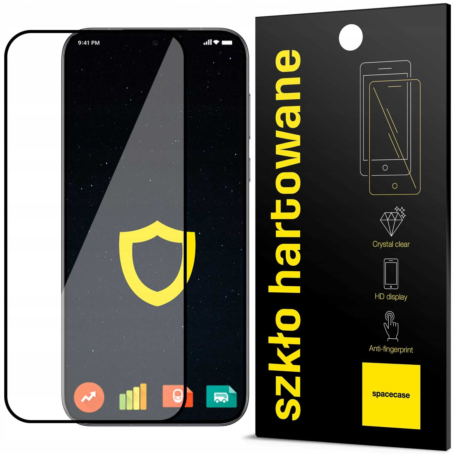 Telefon z ochraniaczem ekranu, opakowanie i telefon na gwiezdnym tle.