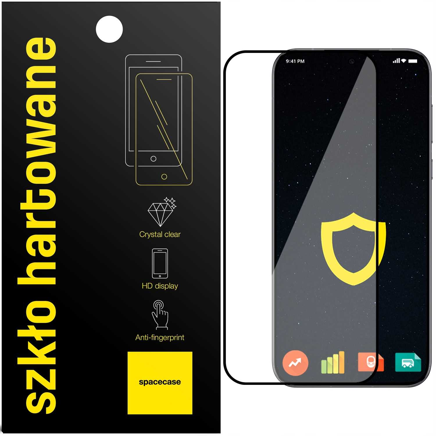 Ochraniacz ekranu smartfona z telefonem po prawej stronie i informacjami o produkcie po lewej.