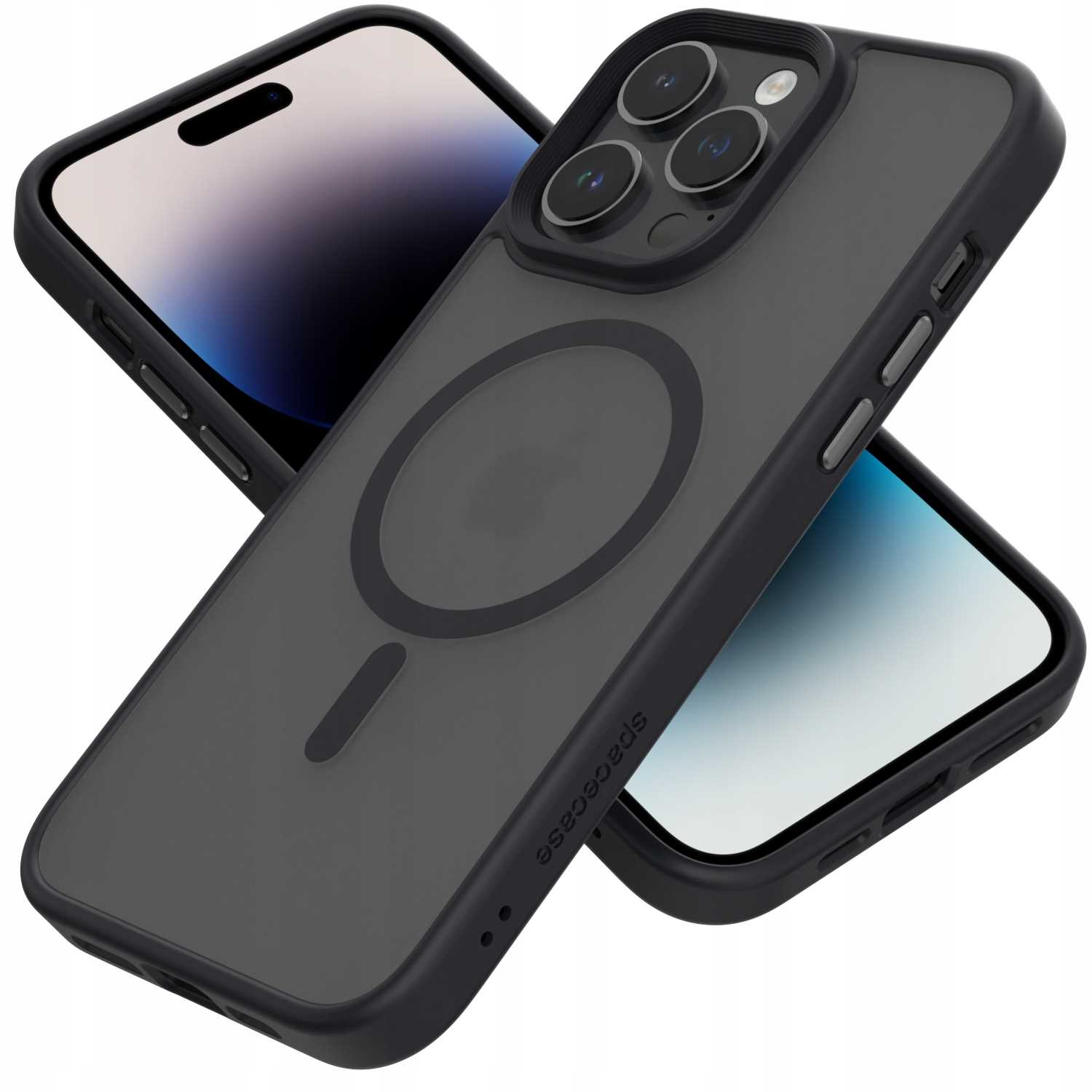 Dwa telefony w czarnych etui, jeden z przezroczystym okręgiem MagSafe, ułożone jeden na drugim.