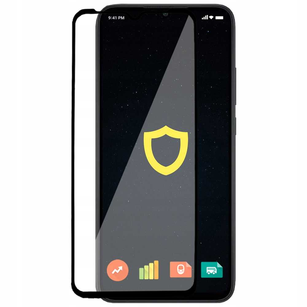 Ochraniacz ekranu smartfona z telefonem po prawej stronie i informacjami o produkcie po lewej.