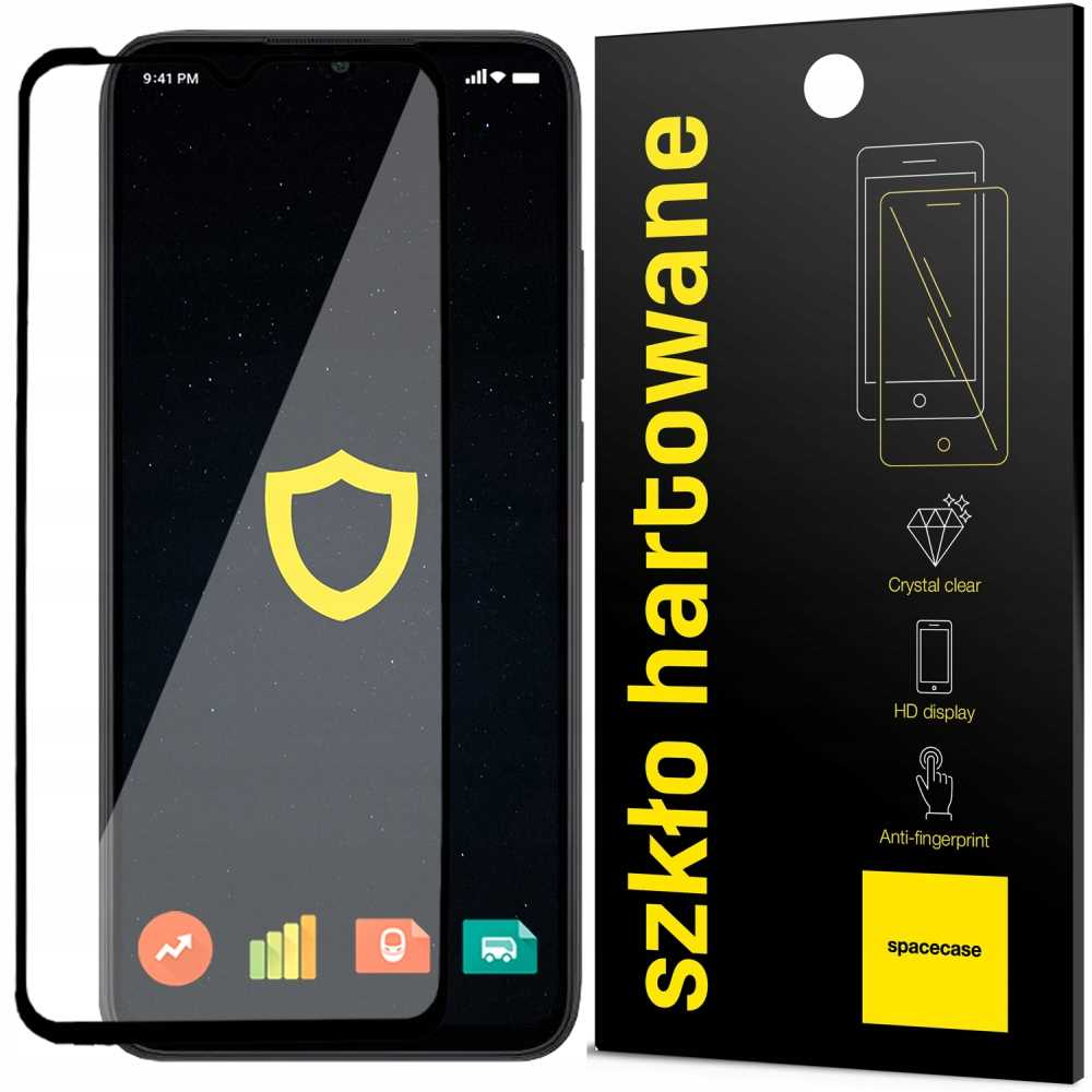 Smartfon z ochraniaczem ekranu obok czarno-żółtego opakowania ze szczegółami produktu.