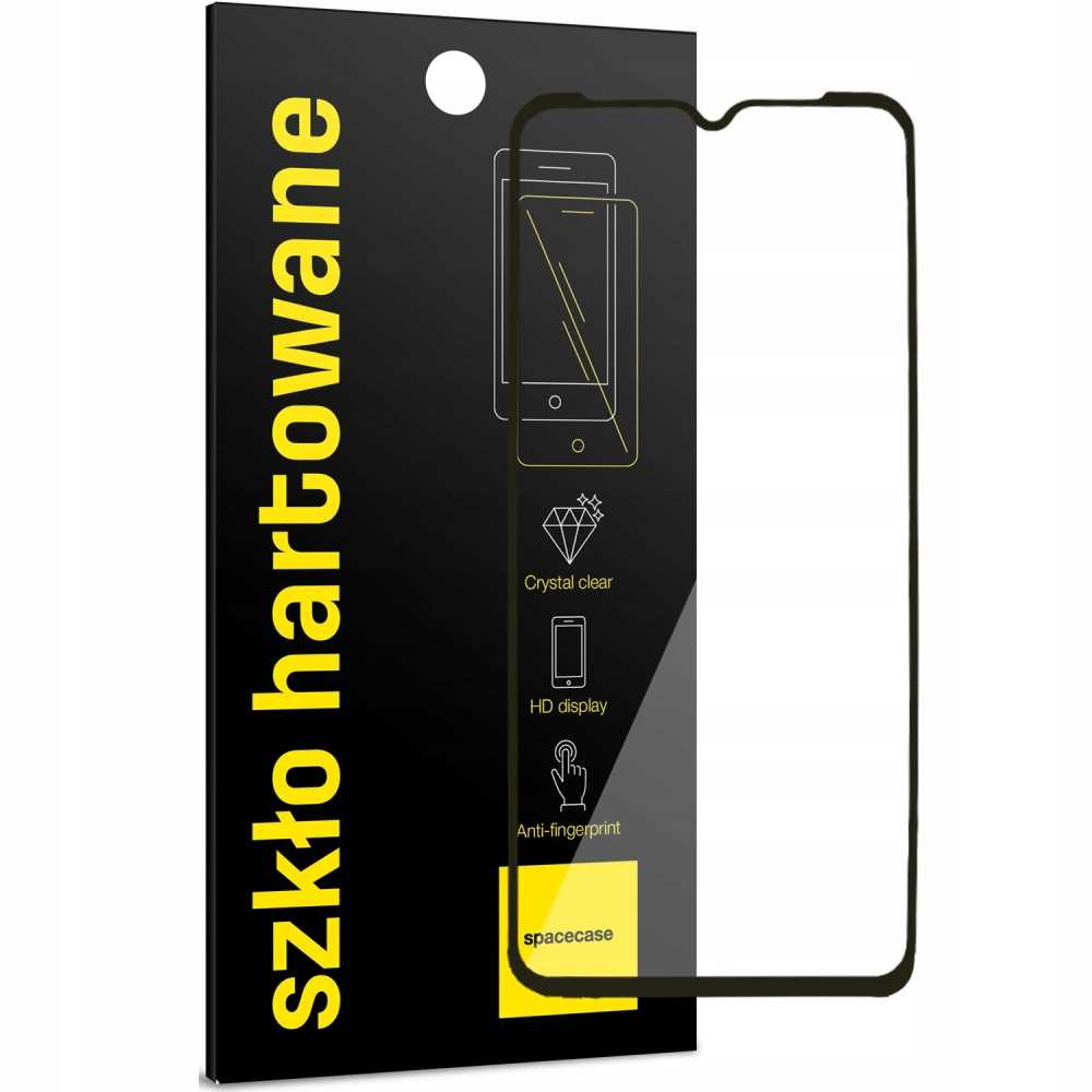 Czarne pudełko z białym tekstem i ochraniaczem ekranu telefonu. Pokazuje schemat i tekst o produkcie.