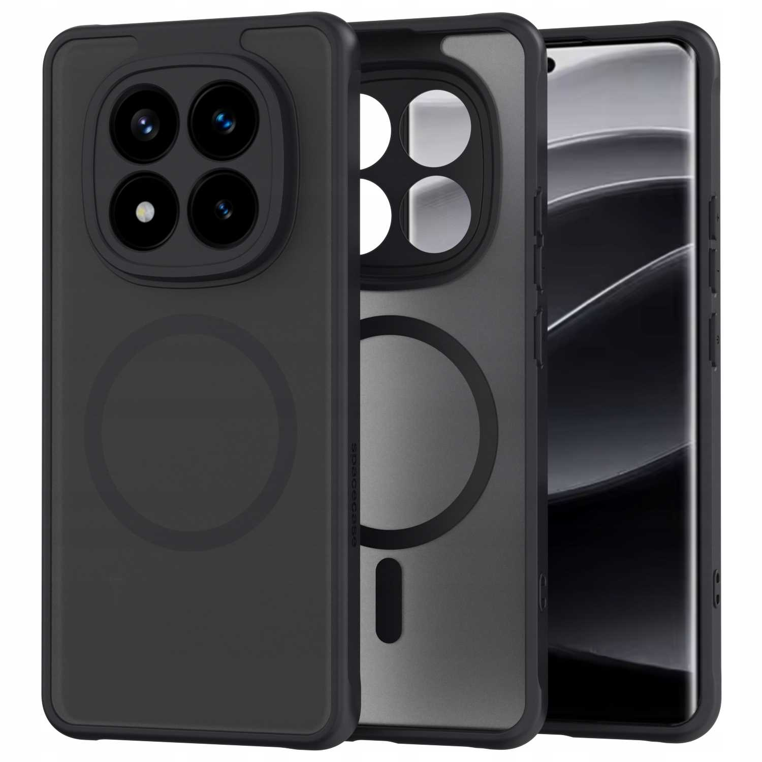 Trzy etui na telefon ułożone jedno na drugim: czarne, przezroczyste i telefon. Etui mają wycięcia na aparat i pierścień magsafe.