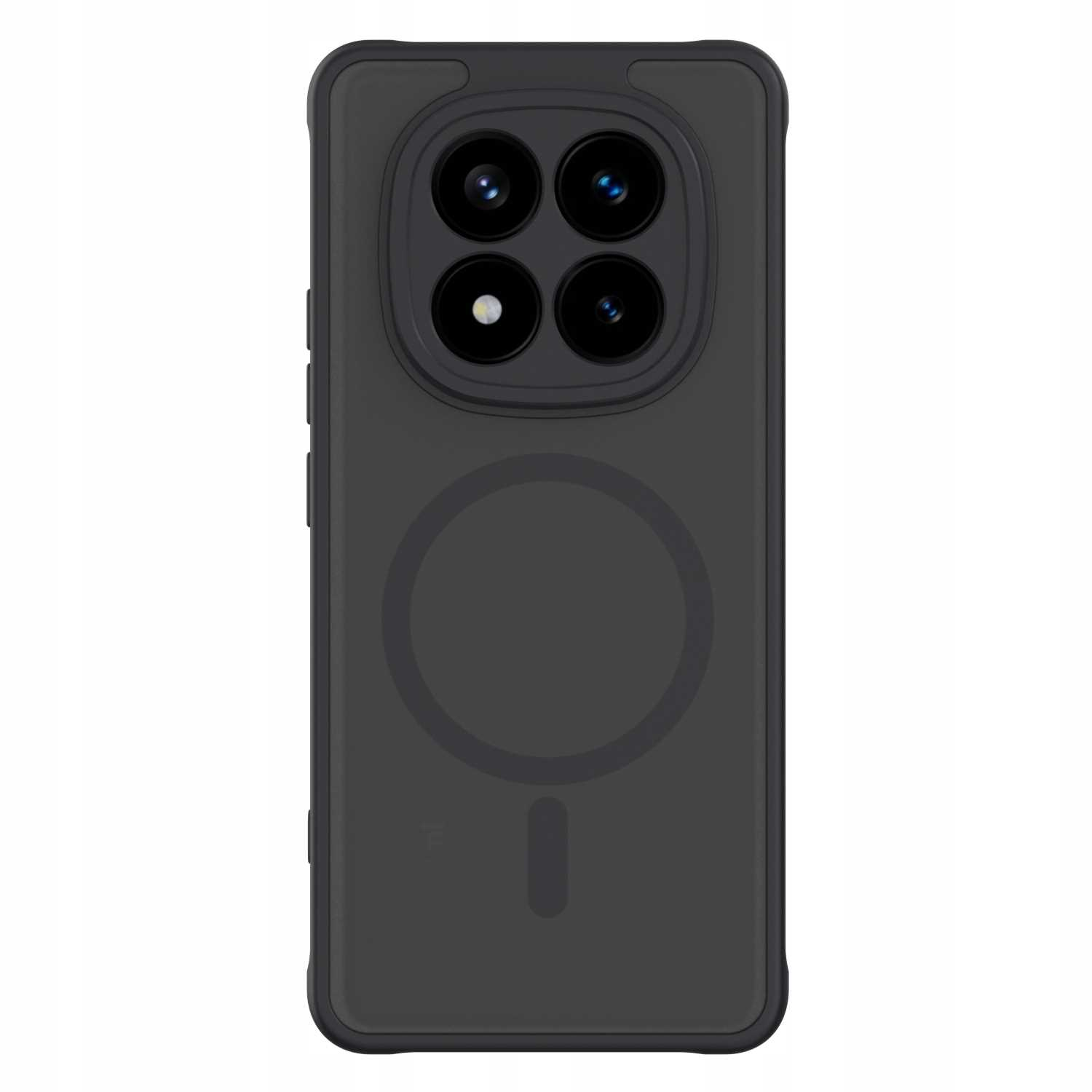 Czarne etui na telefon z czterema obiektywami aparatu. Etui ma pierścień magsafe i wycięcie na dole.