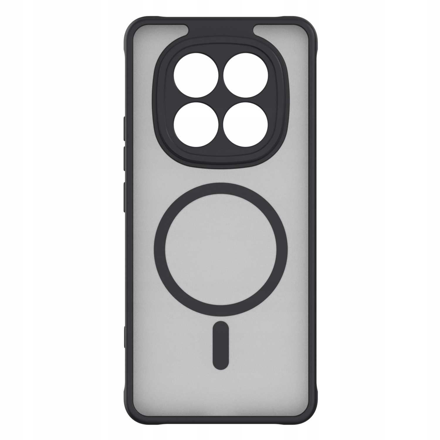 Czarne etui na telefon z czterema wycięciami na aparat i pierścieniem magsafe. Etui ma wycięcia na przyciski.