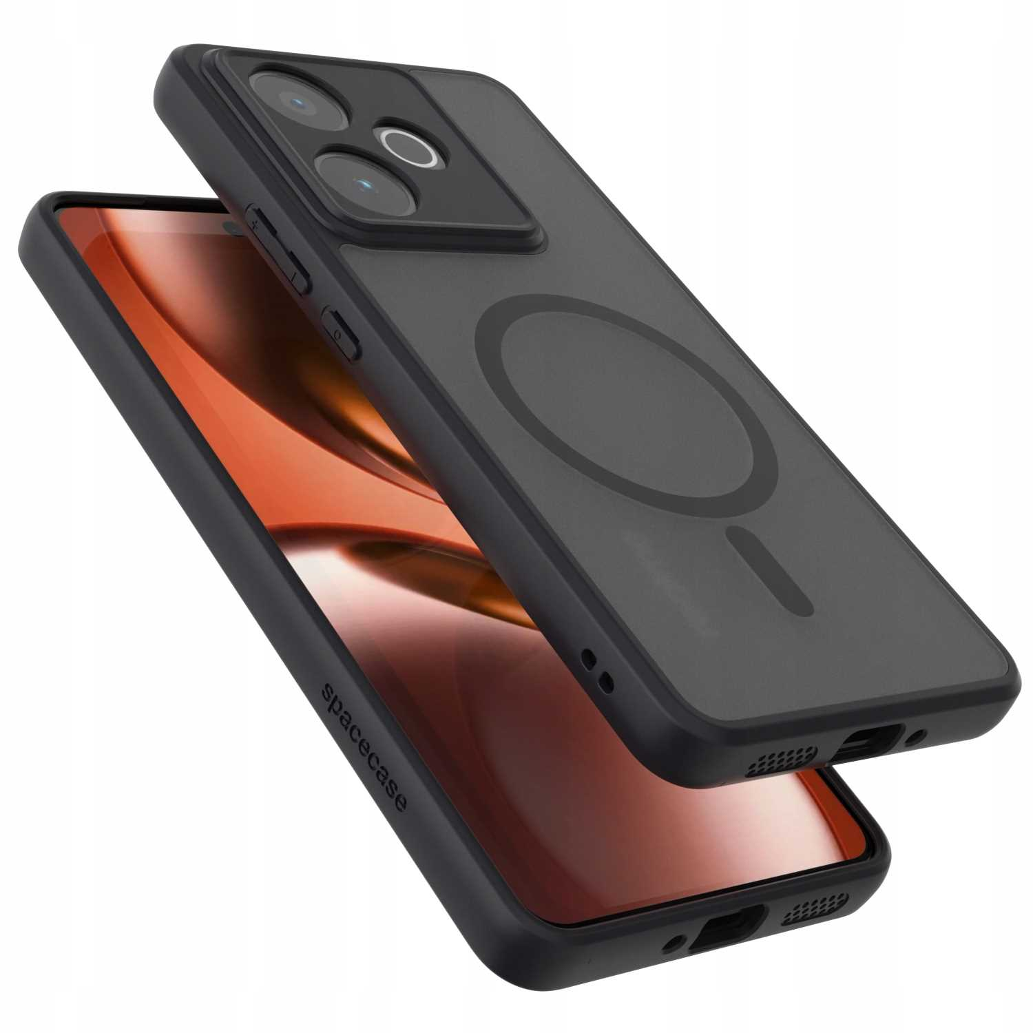 Czarny futerał na telefon z wycięciami na aparat, magnetycznym okręgiem i telefonem w środku.