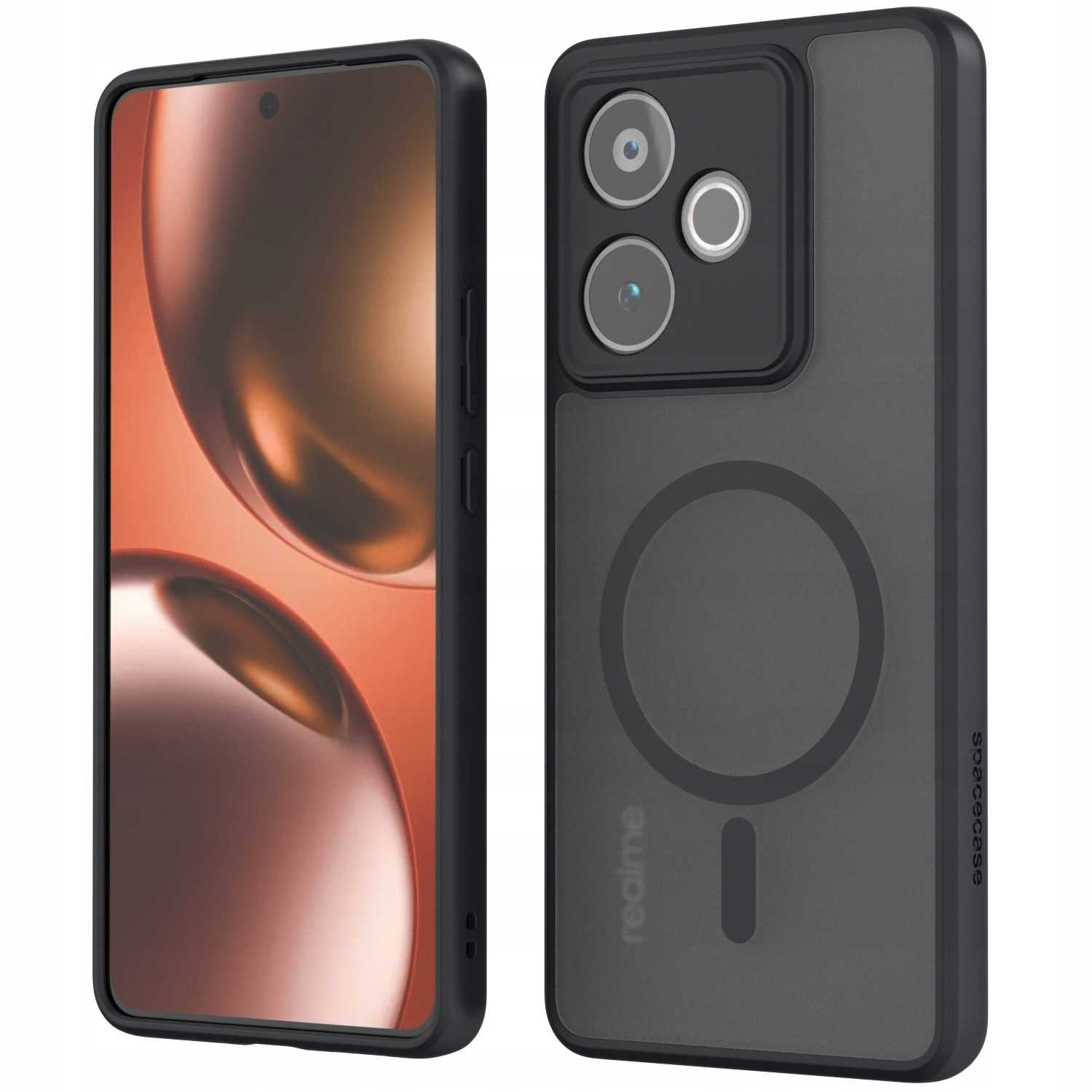 Czarne etui na telefon, dwuczęściowe, z wycięciem na aparat. Ekran telefonu widoczny. Logo Realme na dole.