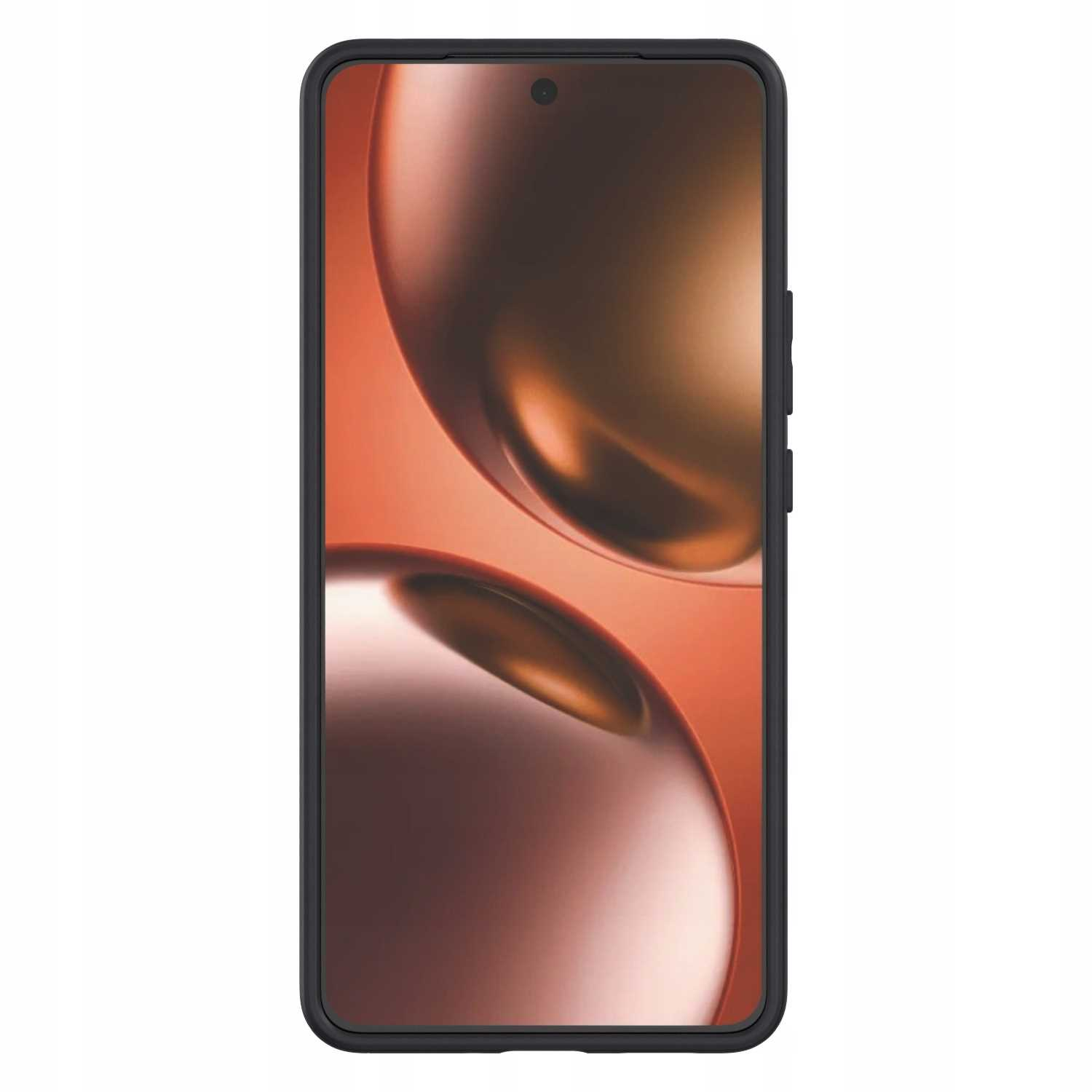 Telefon w czarnym etui pokazujący rozmyte pomarańczowe i brązowe tło.