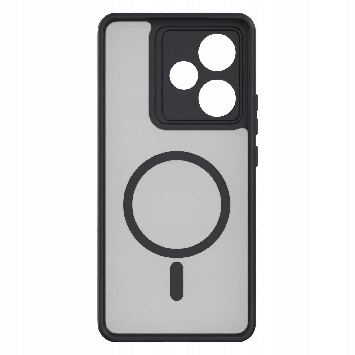 Czarny futerał na telefon z wycięciami na aparat, magnetycznym okręgiem i białym tyłem.