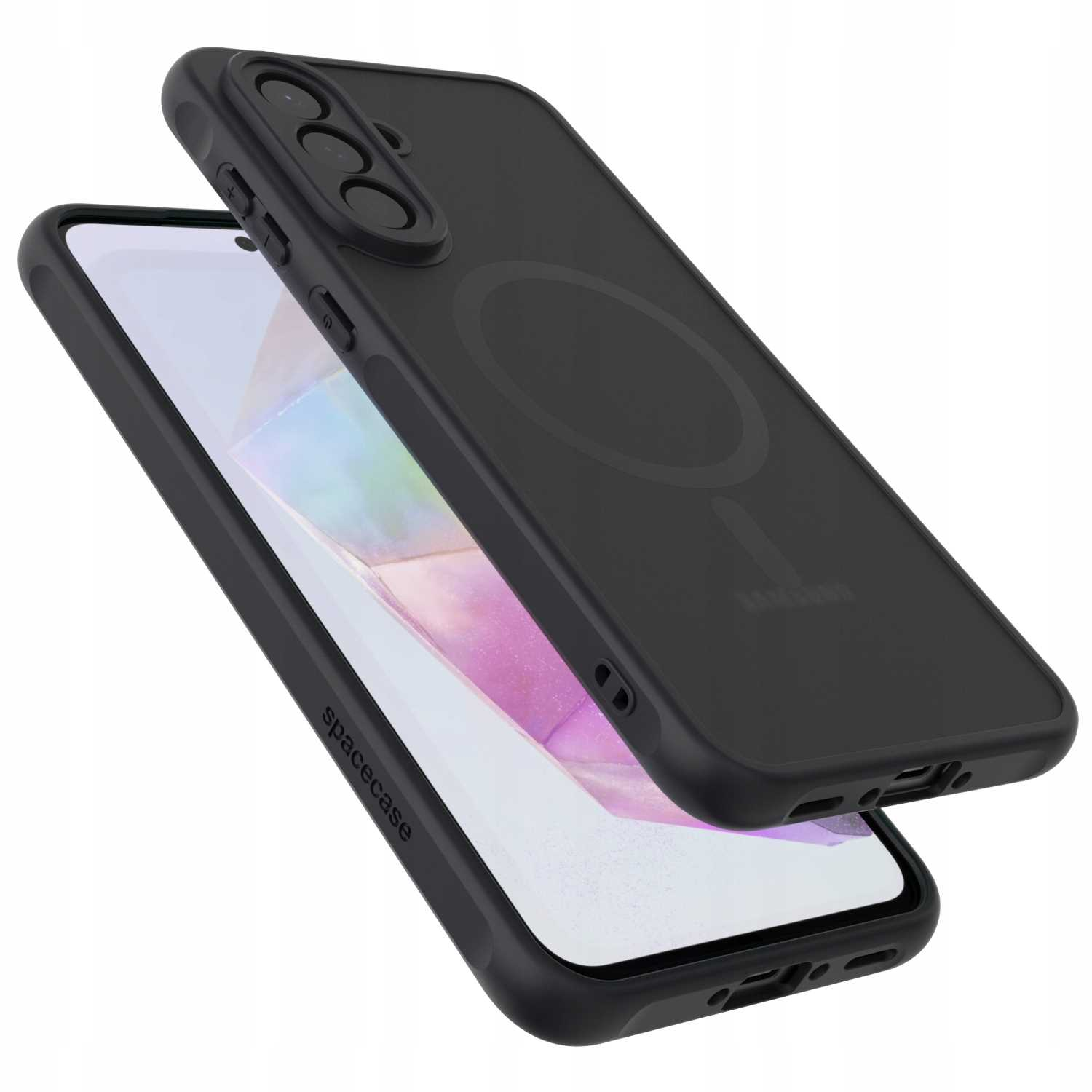 Czarne etui na telefon z przezroczystym tyłem, pokazujące ekran telefonu. Na etui widnieje napis spacecase i Samsung.