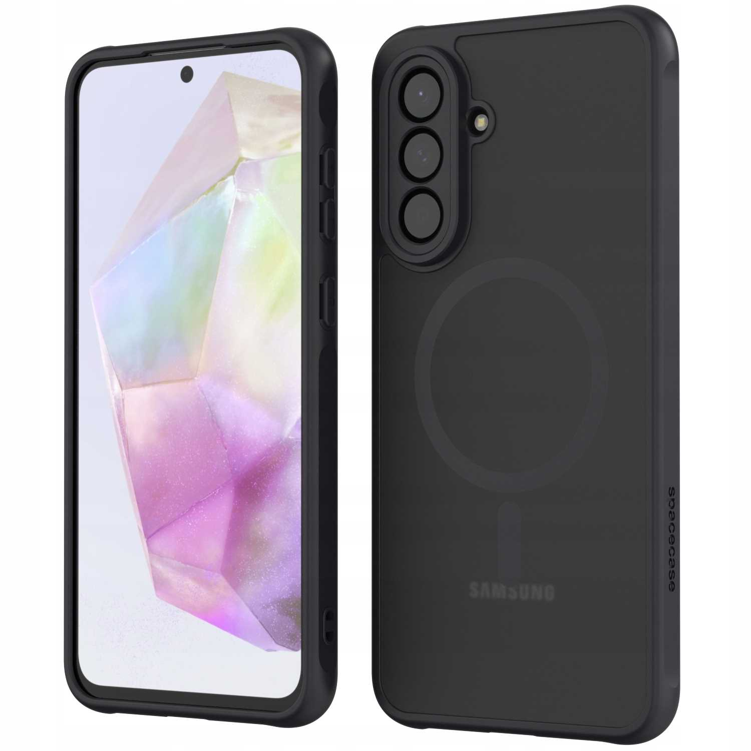 Dwa czarne etui na telefon. W jednym jest telefon. Drugie jest odwrócone, pokazując logo Samsung i spacecase.