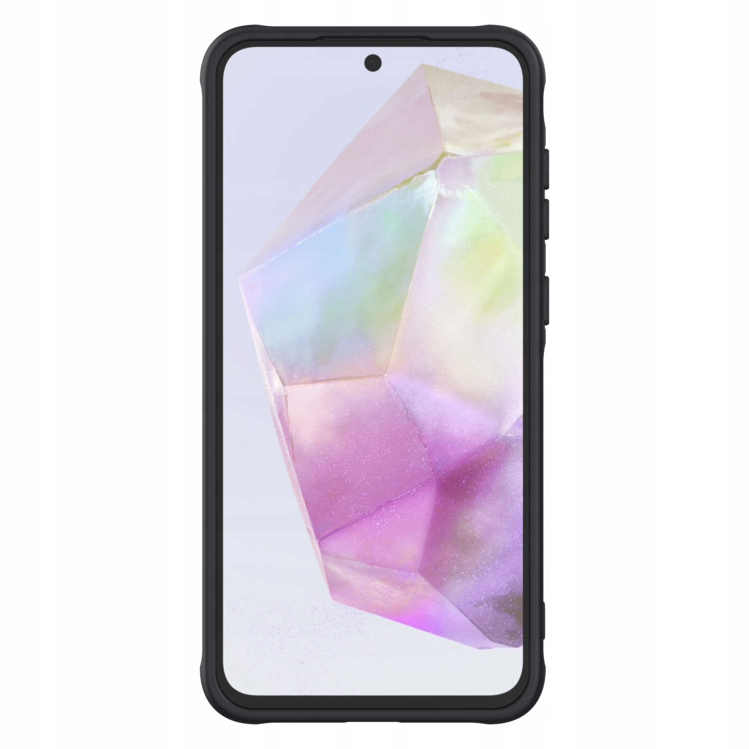 Czarne etui na telefon z telefonem w środku. Telefon ma kształt kolorowego kryształu. Etui ma czarną obwódkę.