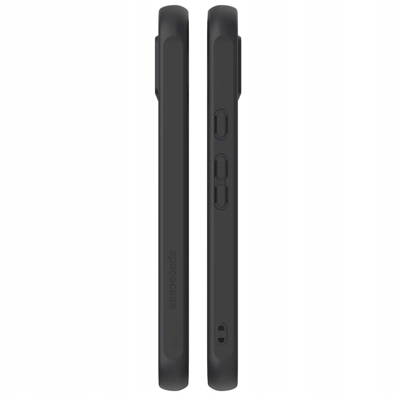 Dwa czarne etui na telefon, profile boczne, pokazujące przyciski boczne i etykietę spacecase. Etui są gładkie.