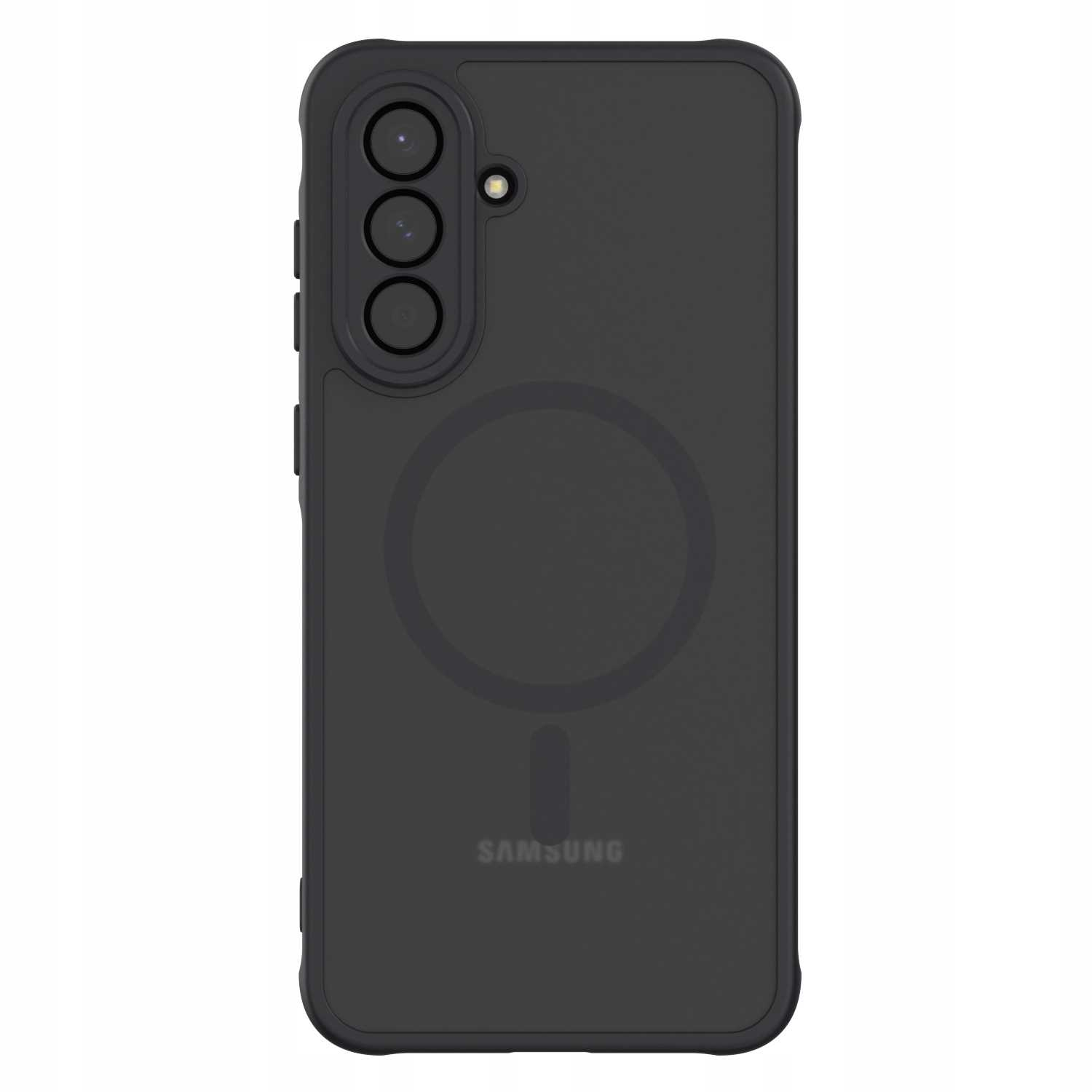 Czarne etui na telefon z telefonem w środku. Etui ma logo Samsung oraz okrąg i linię magsafe.
