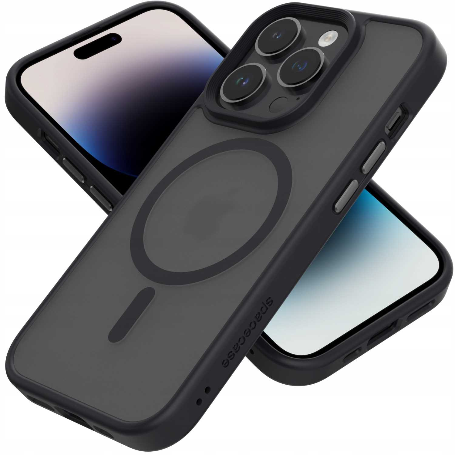 Etui na telefon z telefonem w środku, pod kątem. Etui jest czarne, a telefon widoczny.