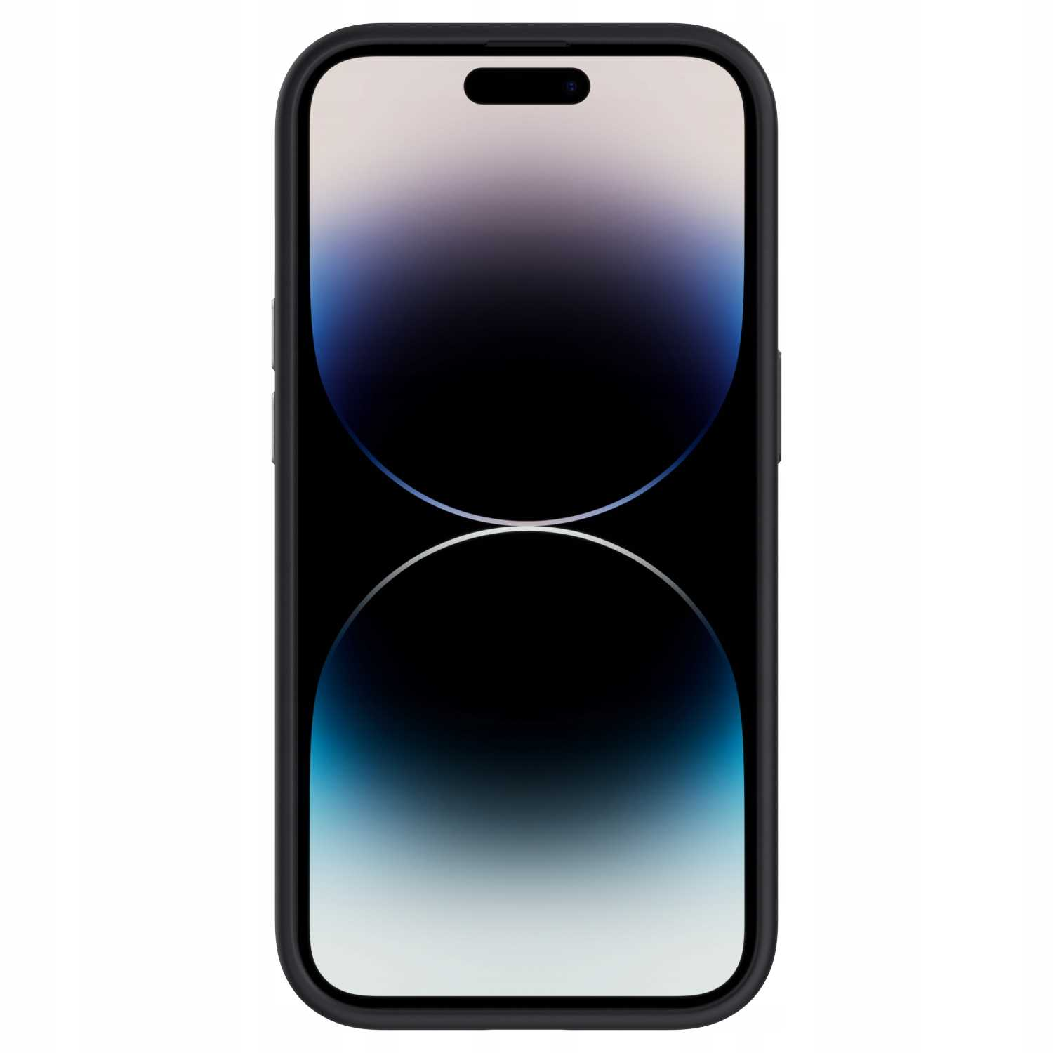 Czarne etui na telefon z telefonem w środku. Telefon ma ciemny gradient na ekranie. Etui jest gładkie.