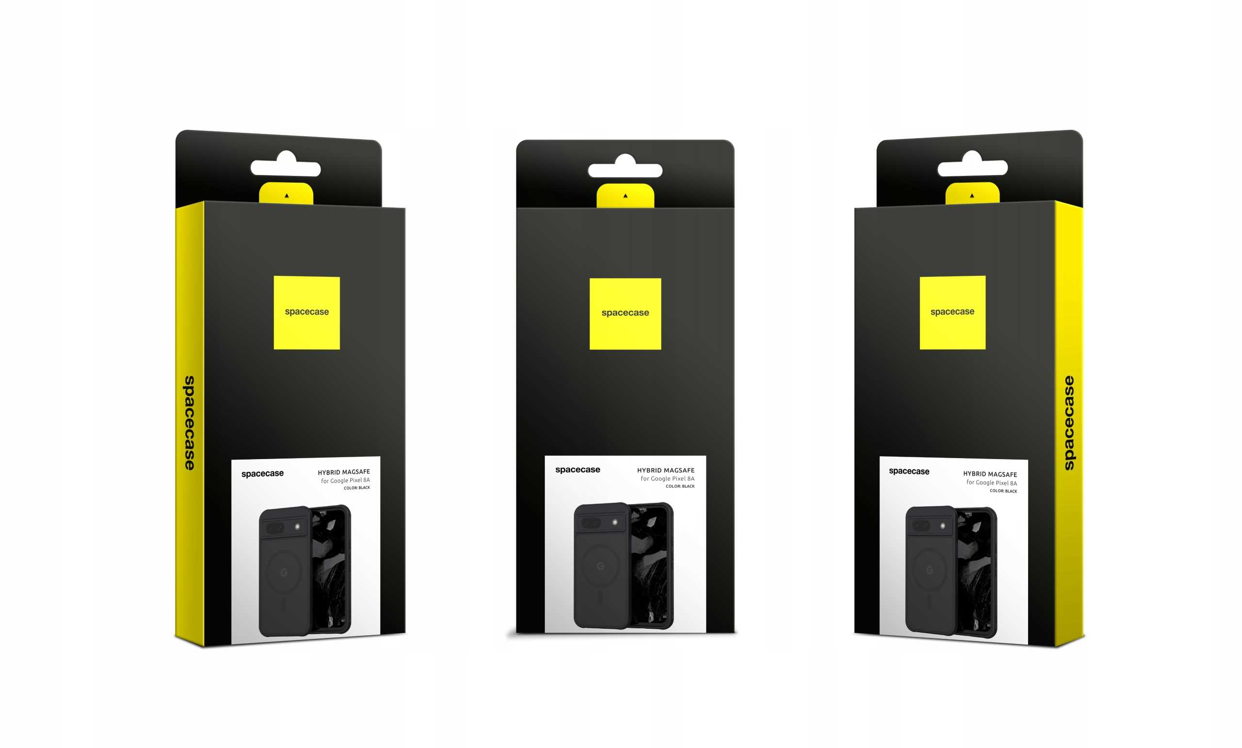 Trzy czarno-żółte pudełka na etui na telefon, każde z etui i telefonem.