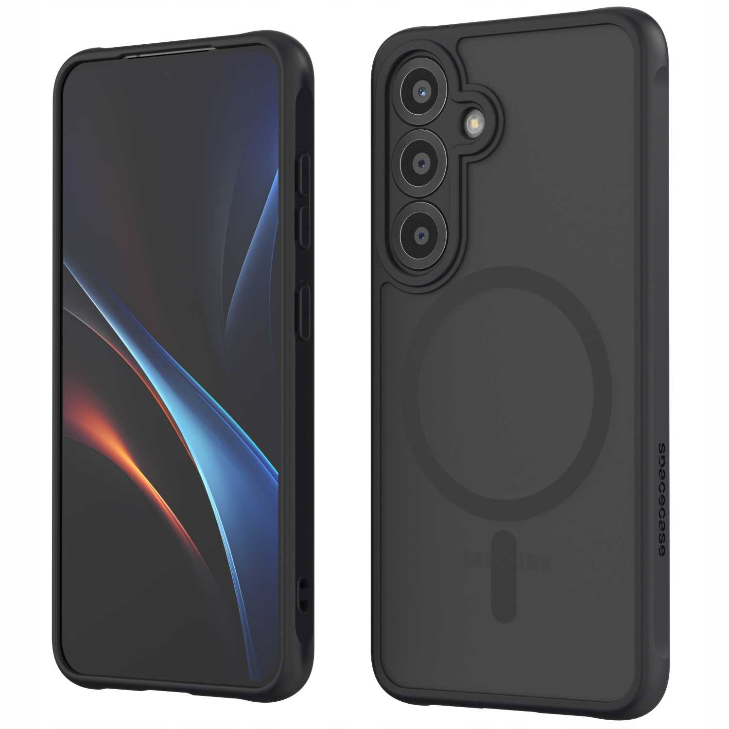 Dwa telefony w czarnych etui, jeden z ekranem, drugi pokazujący tył.