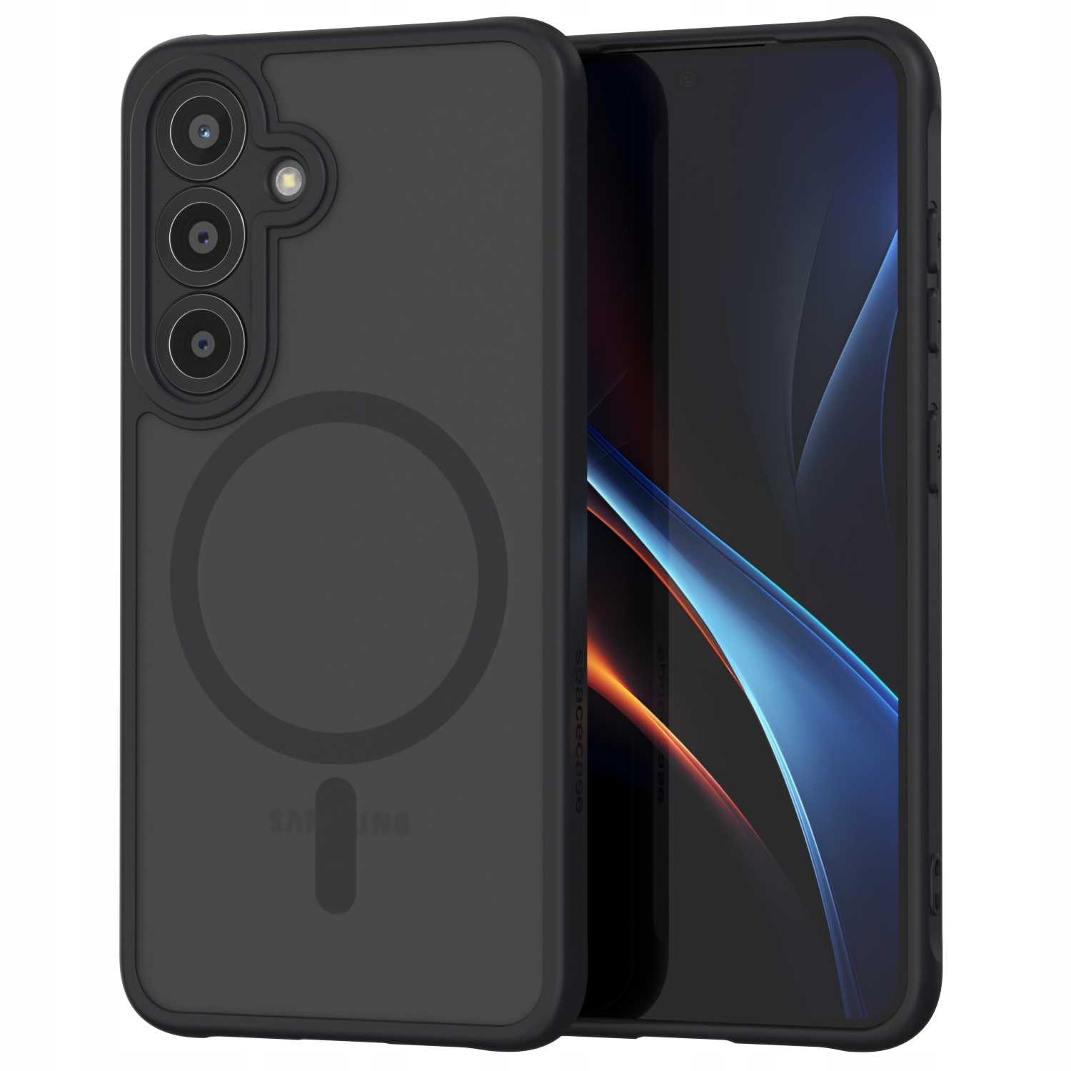 Czarne etui na telefon z czarnym telefonem w środku. Etui pokazuje logo Samsung i aparat.