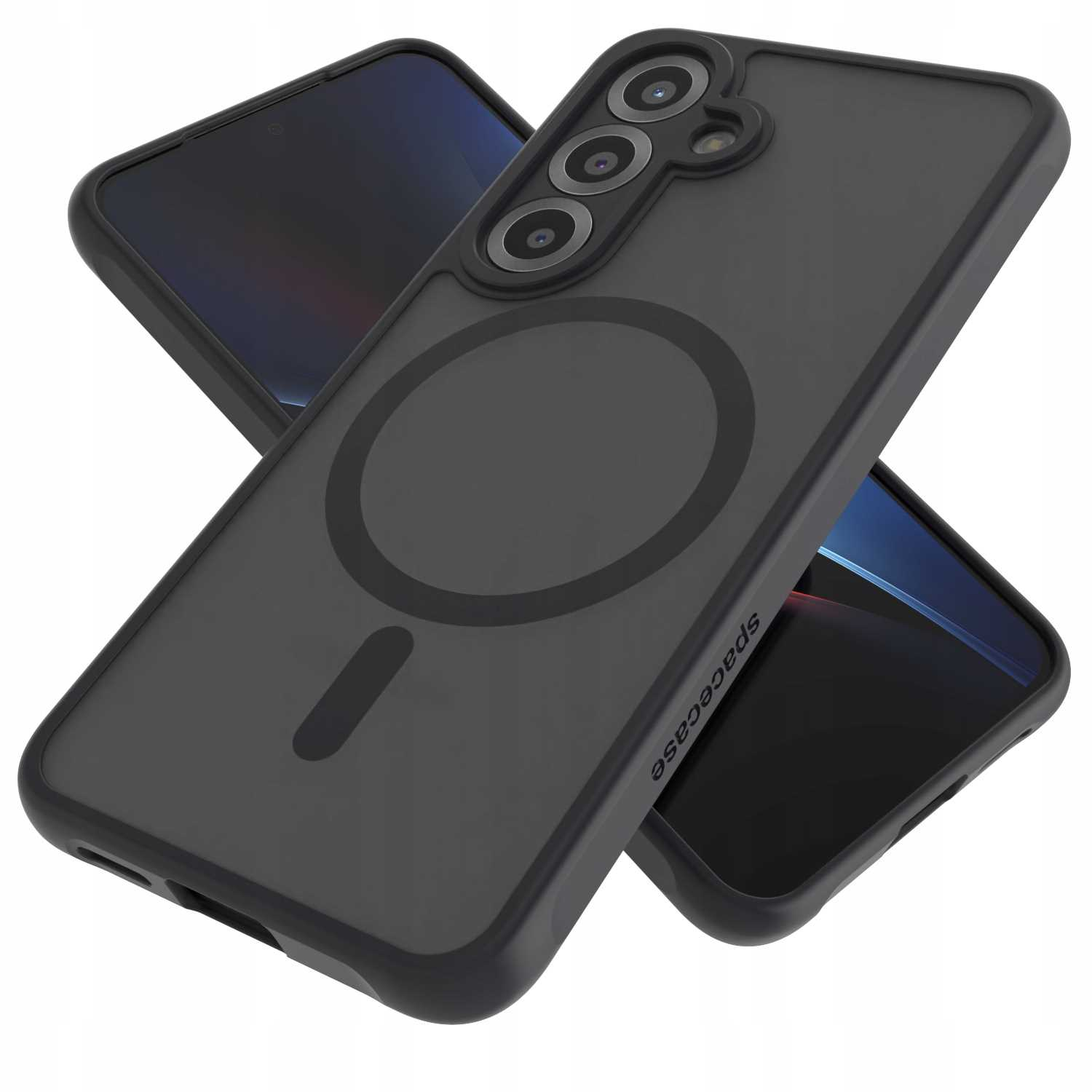 Dwa czarne etui na telefon ułożone razem. Jedno jest pod kątem, a drugie ma etykietę spacecase. Oba są czarne.